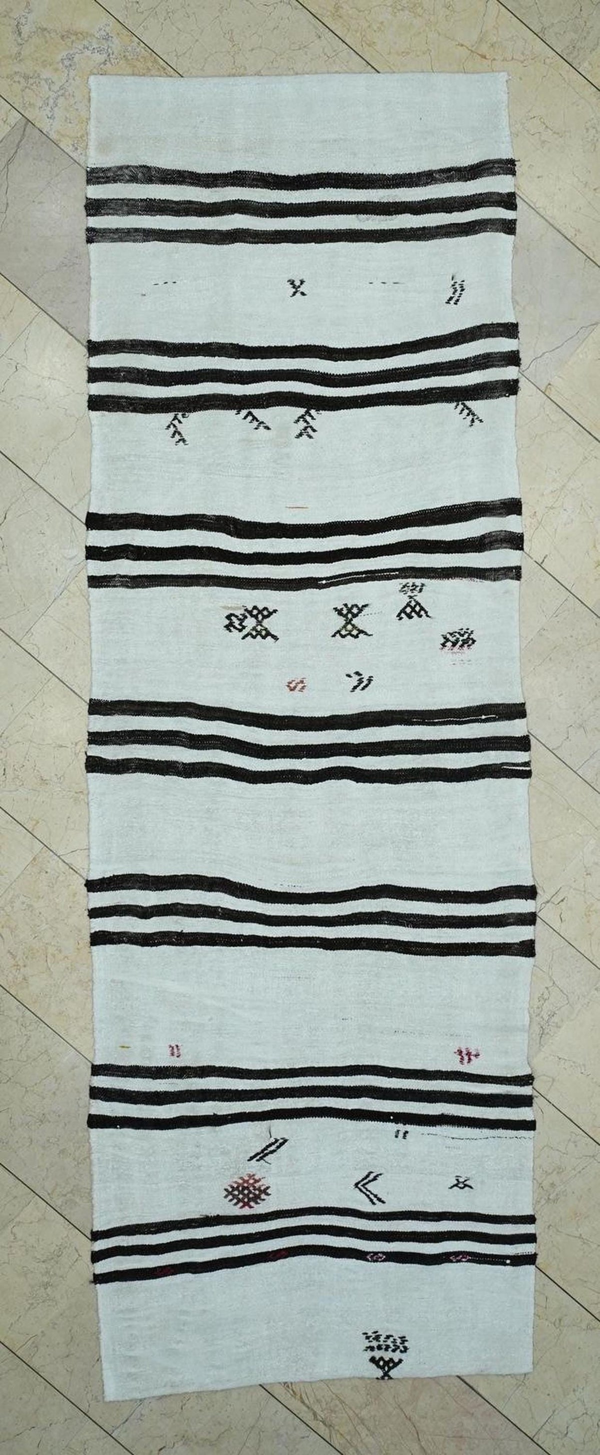 Dark Brown Striped White Hemp Kilim Rug Runner: 3.3x10 Feet,Scandinavian Style Decor Rugs.