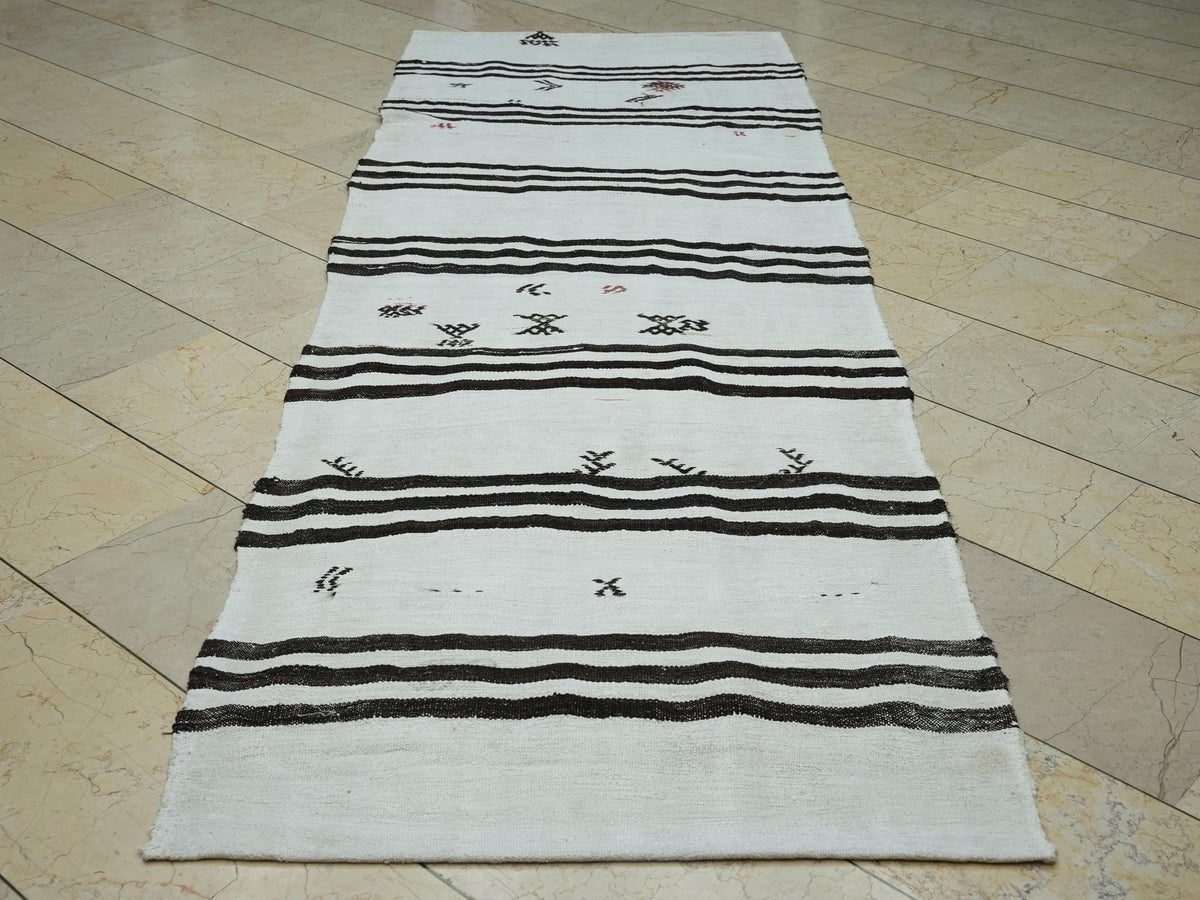 Dark Brown Striped White Hemp Kilim Rug Runner: 3.3x10 Feet,Scandinavian Style Decor Rugs.