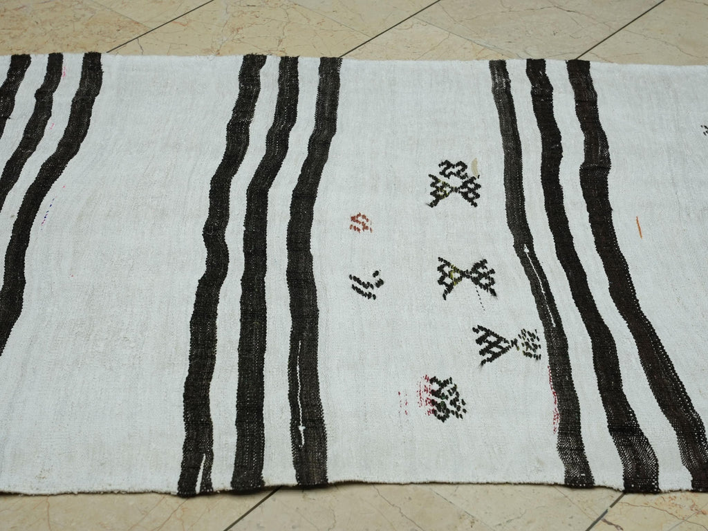 Dark Brown Striped White Hemp Kilim Rug Runner: 3.3x10 Feet,Scandinavian Style Decor Rugs.