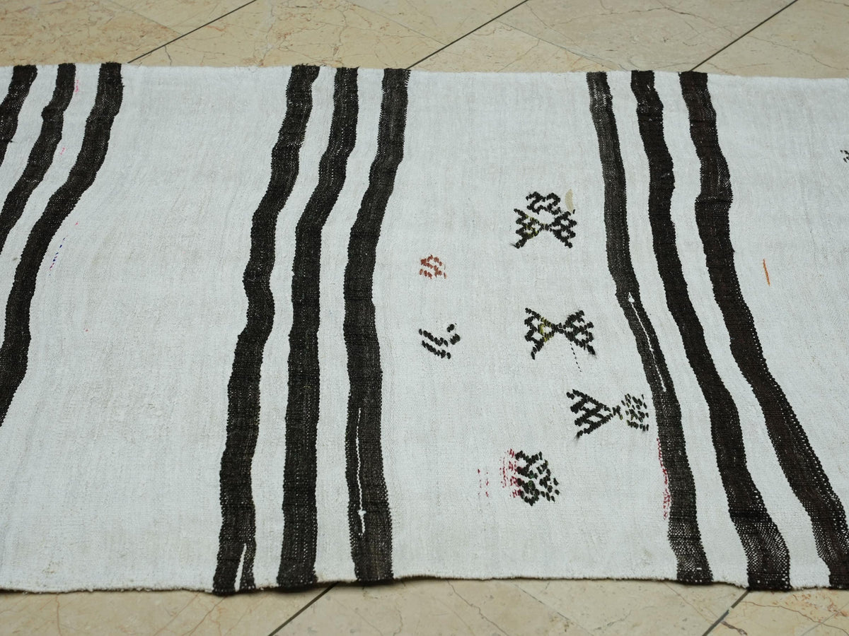 Dark Brown Striped White Hemp Kilim Rug Runner: 3.3x10 Feet,Scandinavian Style Decor Rugs.