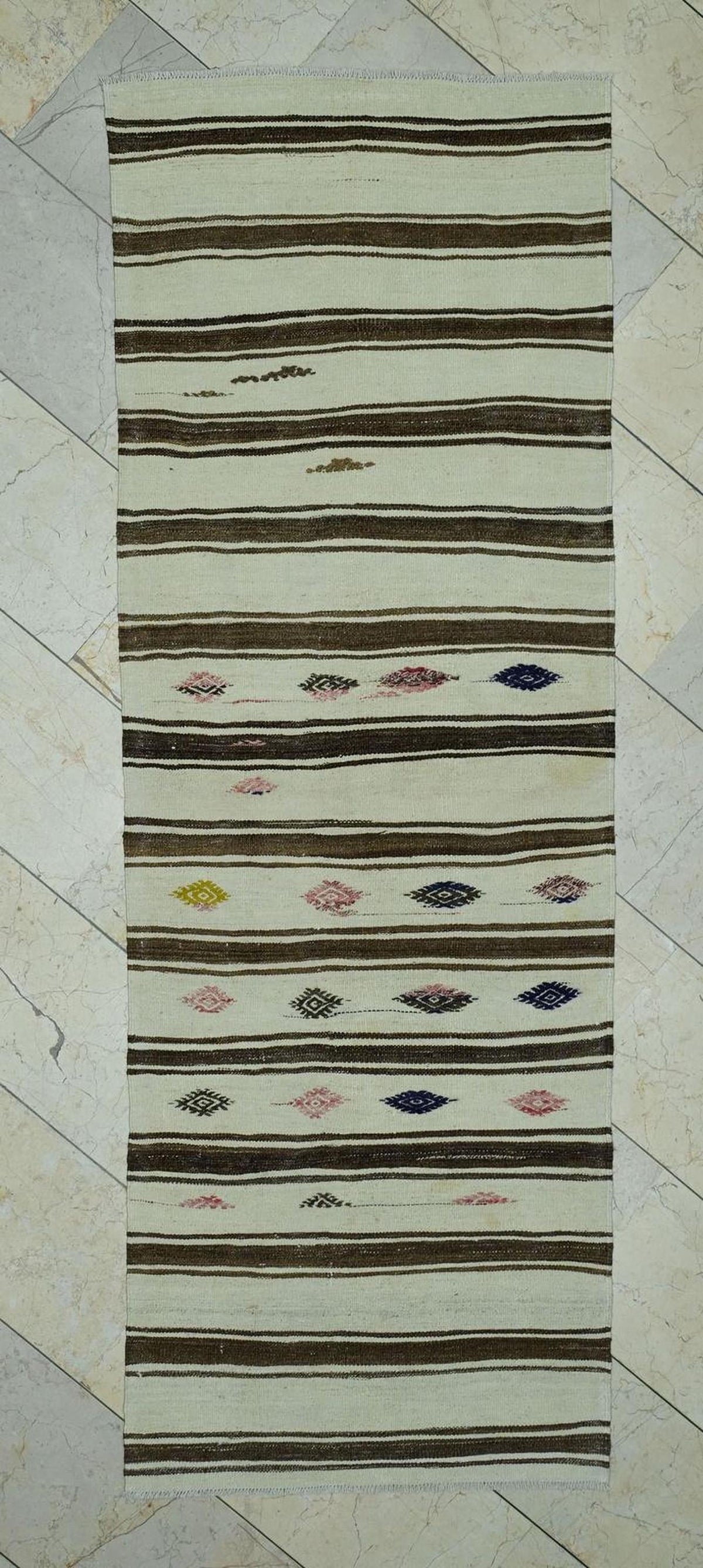 Striped  Flat Weave Wool Turkish Kilim Rug Runner: 2.9x8 Feet,Vintage Natural Rugs.