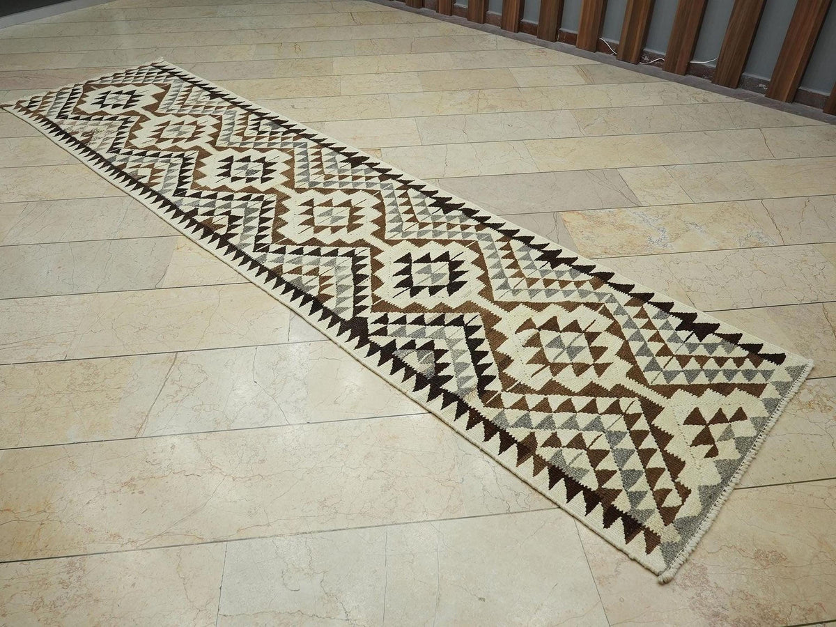 3x12 Neutral Wool Turkish Kilim Rug Runner,Flat Weave Summer Decor Rugs.