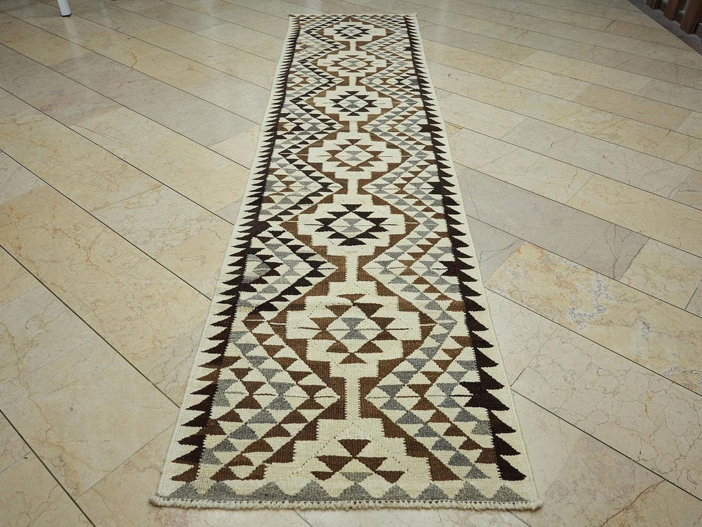 3x12 Neutral Wool Turkish Kilim Rug Runner,Flat Weave Summer Decor Rugs.