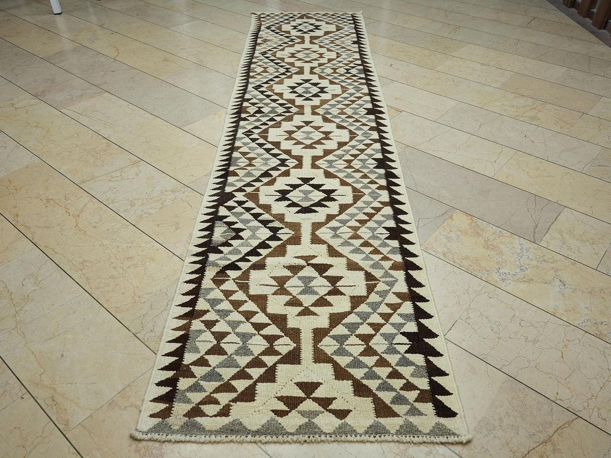 3x12 Neutral Wool Turkish Kilim Rug Runner,Flat Weave Summer Decor Rugs.