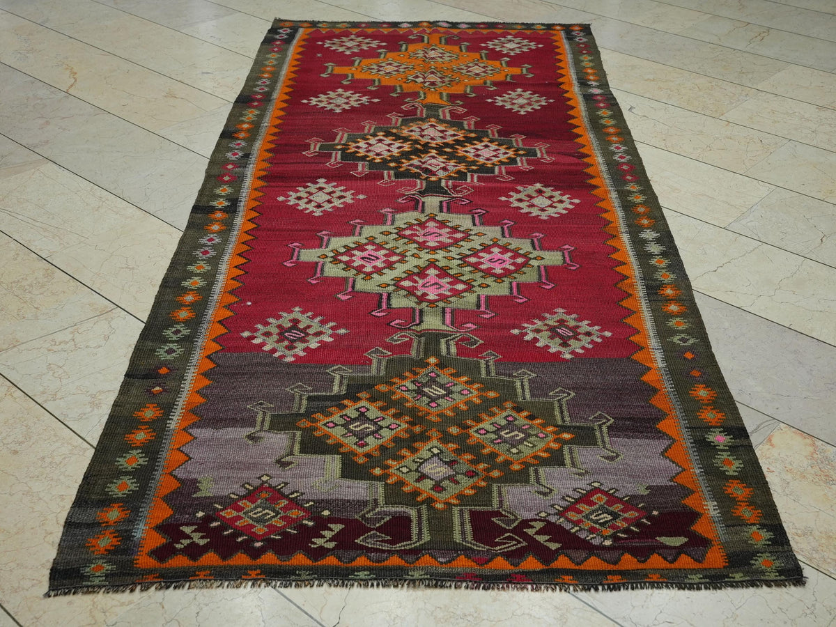 Turkish Kilim Rug Runner: 4x9 Handwoven Wool Anatolian Rugs,Home Hallways Decor.