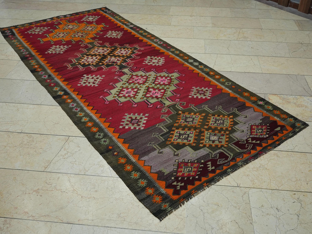 Turkish Kilim Rug Runner: 4x9 Handwoven Wool Anatolian Rugs,Home Hallways Decor.