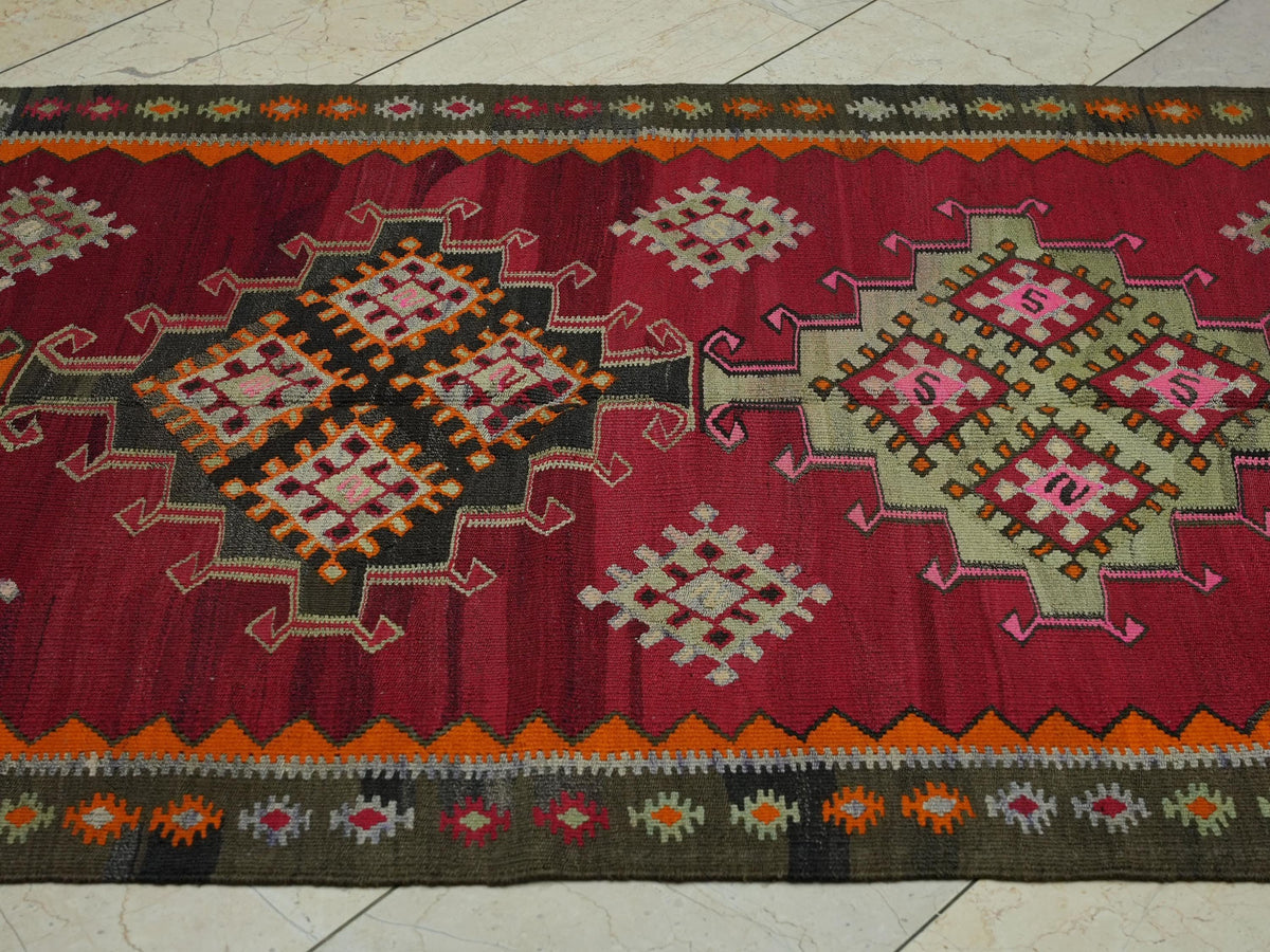 Turkish Kilim Rug Runner: 4x9 Handwoven Wool Anatolian Rugs,Home Hallways Decor.