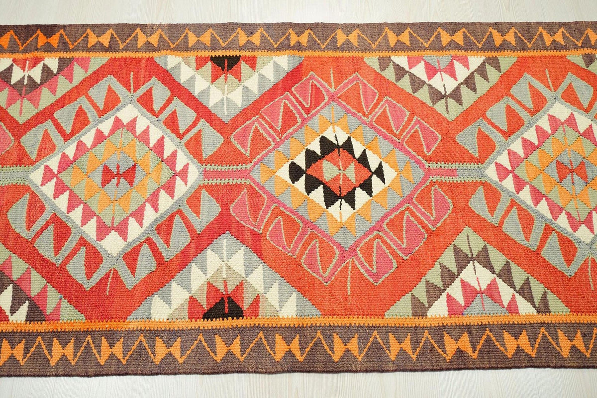 Handmade Orange Kilim Rug Runner: 3x10.6 ft, Tribal Woven Wool Rugs.