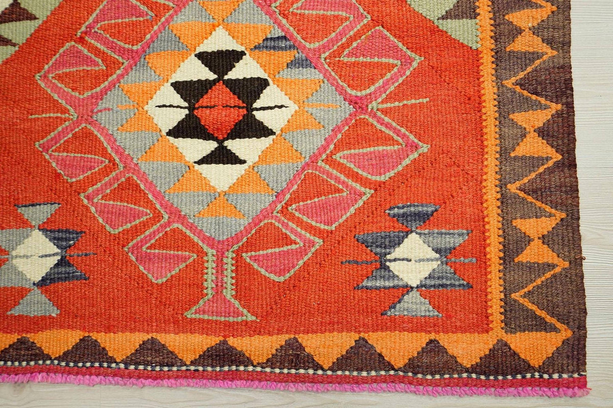 Handmade Orange Kilim Rug Runner: 3x10.6 ft, Tribal Woven Wool Rugs.
