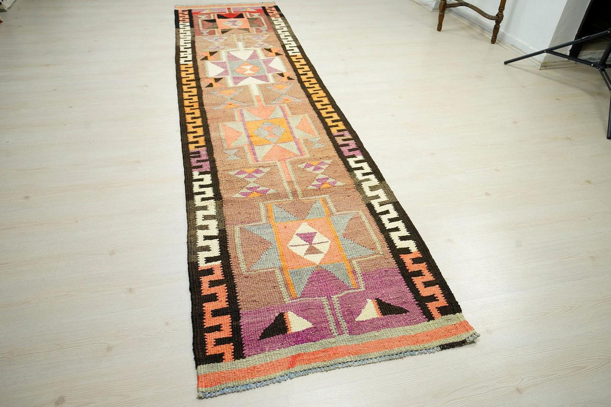 Long Kilim Rug Runner: Swedish Style Turkish Wool Rugs, 2.9x11.5 ft.