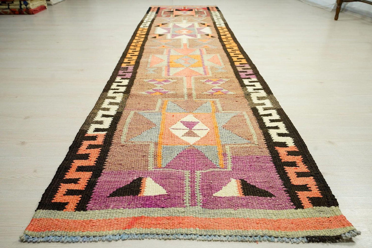 Long Kilim Rug Runner: Swedish Style Turkish Wool Rugs, 2.9x11.5 ft.