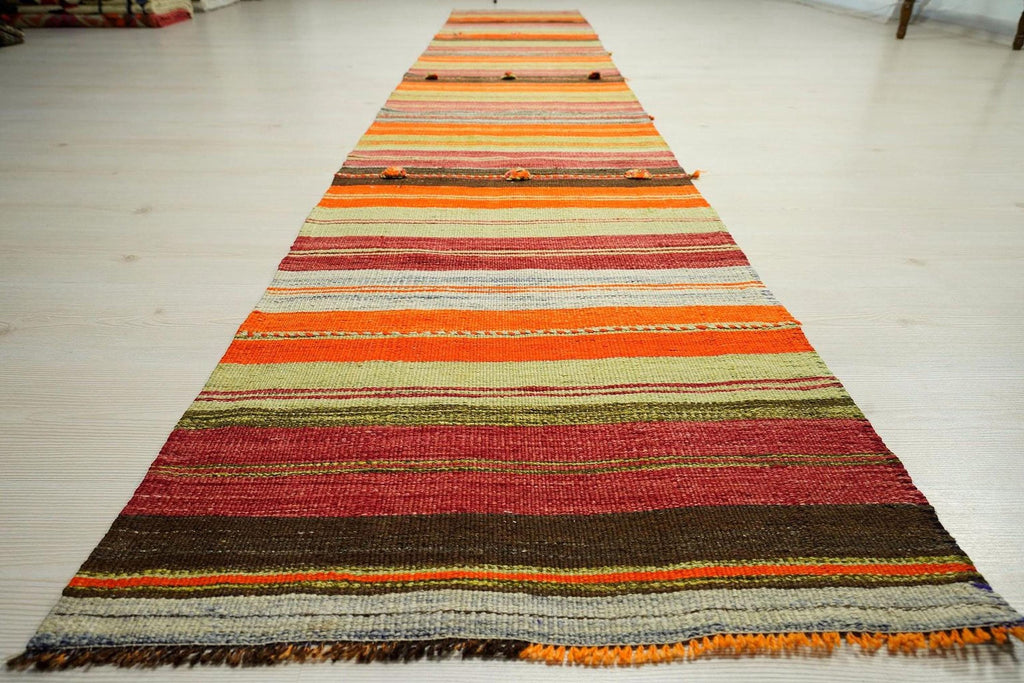 Striped Kilim Rug Runner: Long Flat Weave Wool Stair Decor Rugs, 2.4x12.8 ft.