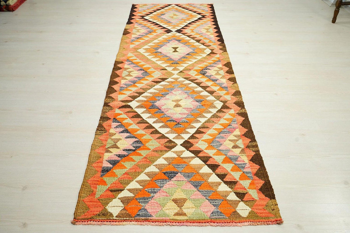 Vintage Turkish Kilim Rug Runner: 3x8.9 ft, Handwoven Wool Hallway Decor Rugs.