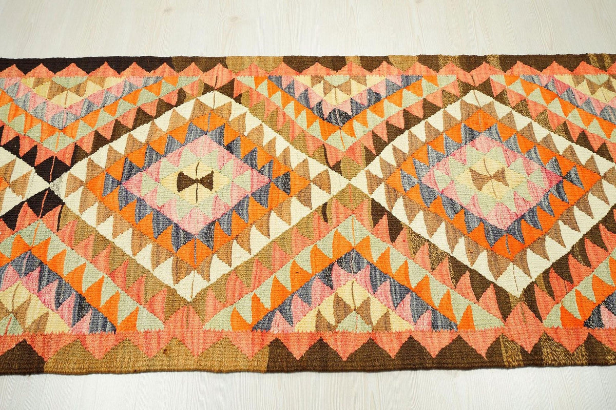 Vintage Turkish Kilim Rug Runner: 3x8.9 ft, Handwoven Wool Hallway Decor Rugs.