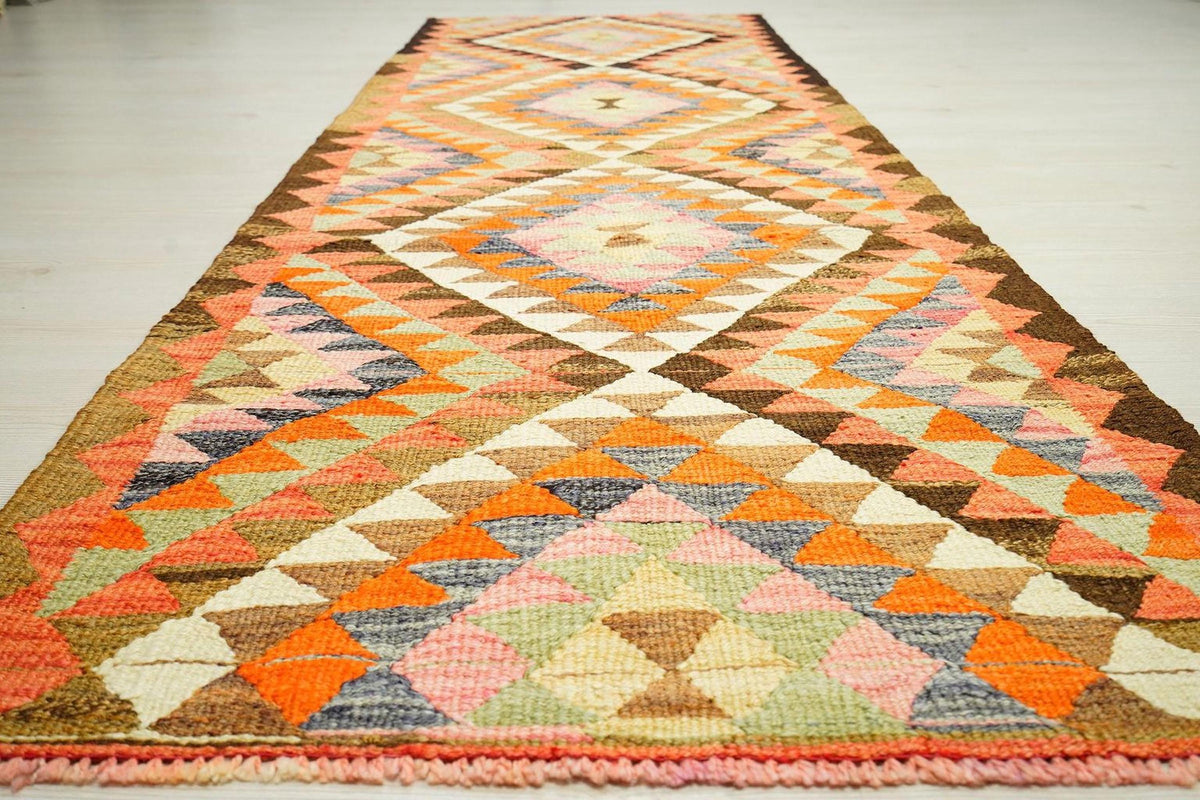 Vintage Turkish Kilim Rug Runner: 3x8.9 ft, Handwoven Wool Hallway Decor Rugs.