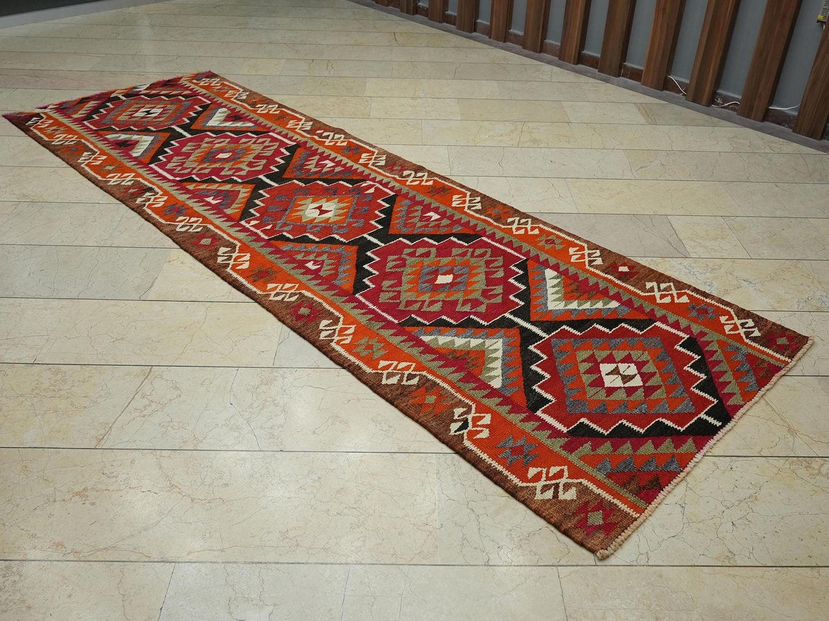 Kurdish Geometric Wool Kilim Rug Runner,3.4x10.5 Ft,Hand Flat Woven Rugs.