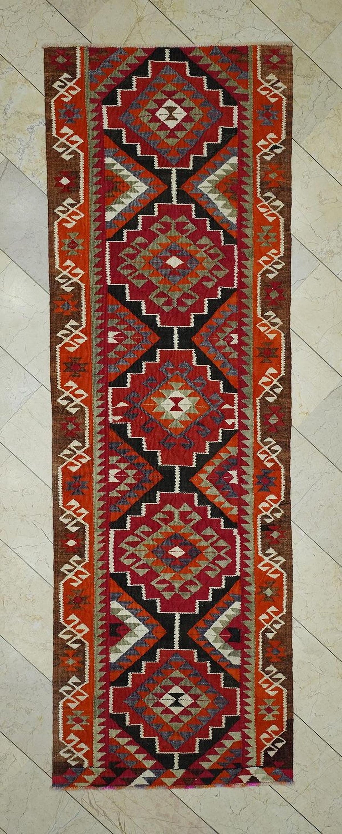 Kurdish Geometric Wool Kilim Rug Runner,3.4x10.5 Ft,Hand Flat Woven Rugs.