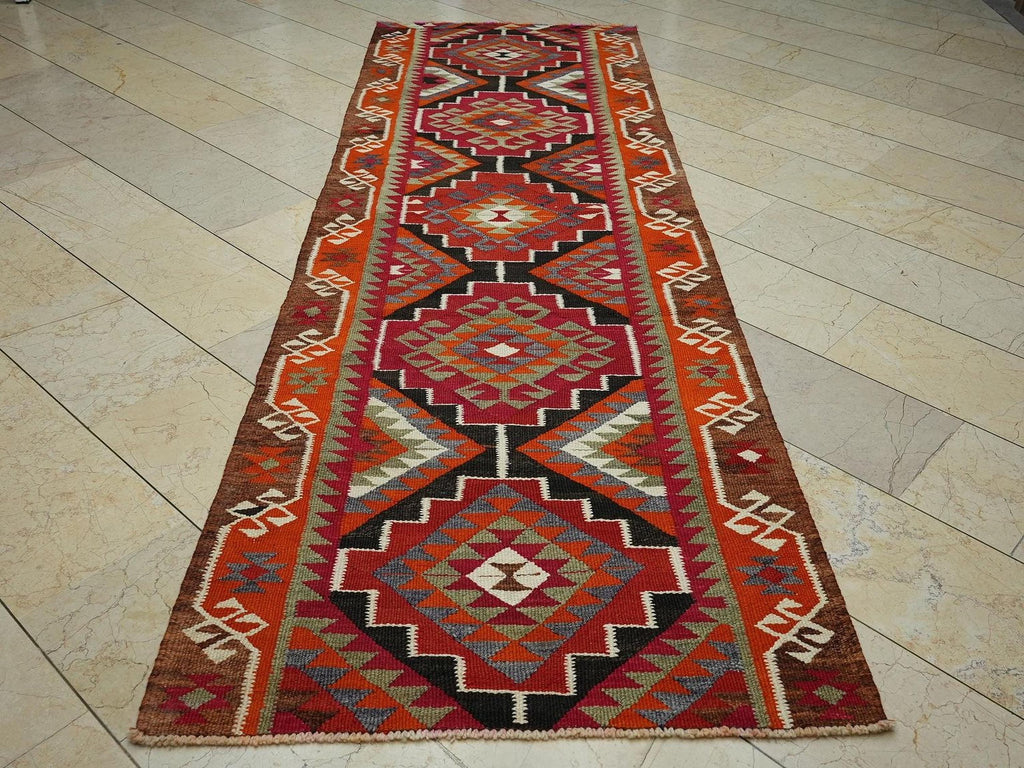 Kurdish Geometric Wool Kilim Rug Runner,3.4x10.5 Ft,Hand Flat Woven Rugs.