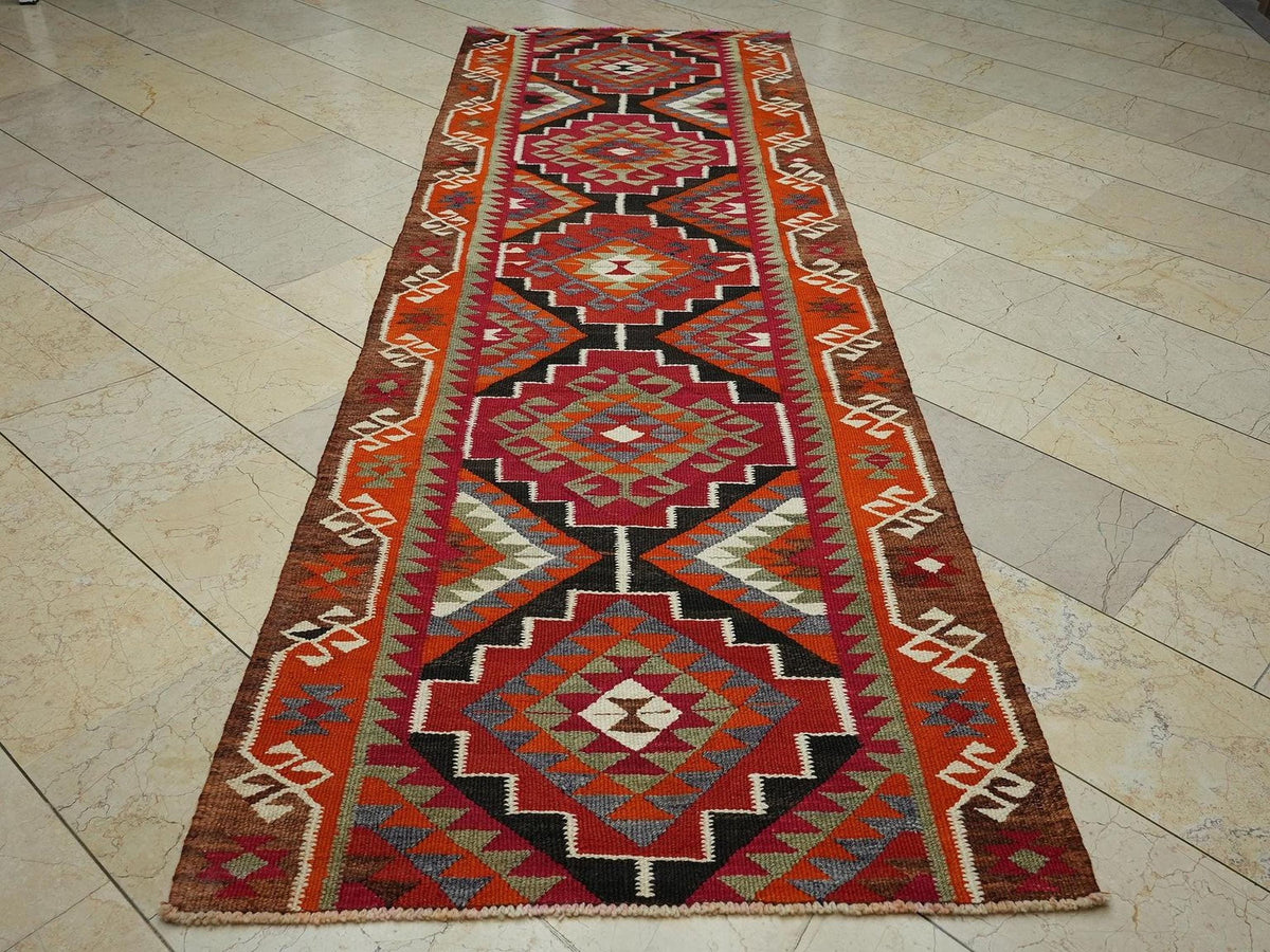 Kurdish Geometric Wool Kilim Rug Runner,3.4x10.5 Ft,Hand Flat Woven Rugs.