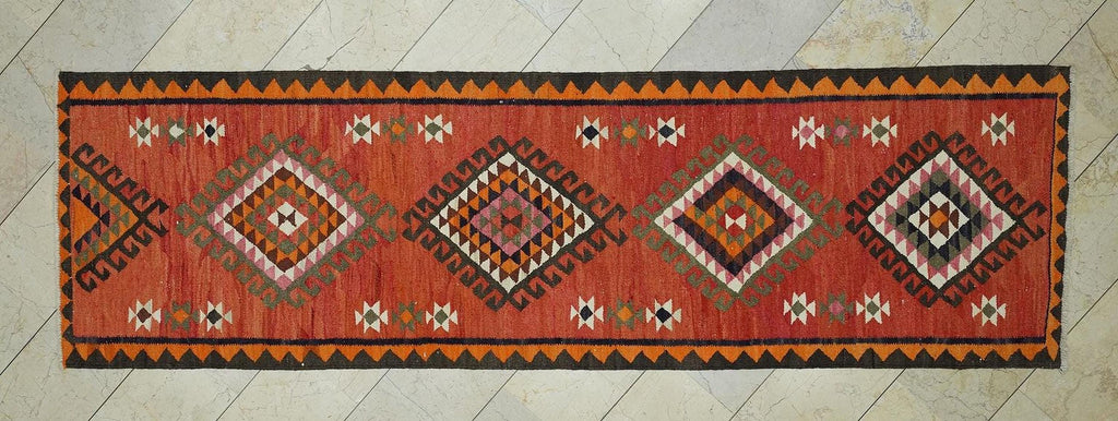 Kurdish Wedding Dowry Rug Runner,3x10.4 Ft,Handmade Flat Woven Rugs.
