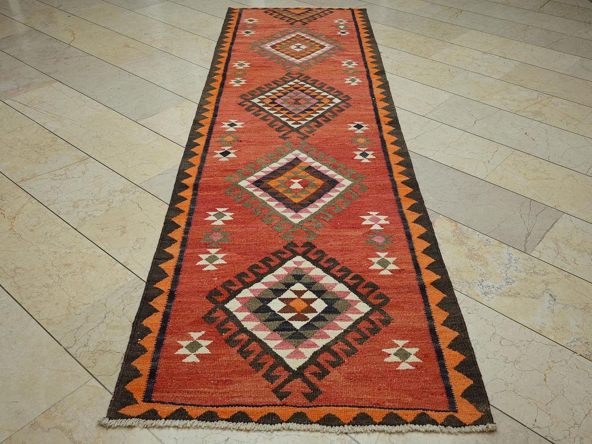 Kurdish Wedding Dowry Rug Runner,3x10.4 Ft,Handmade Flat Woven Rugs.