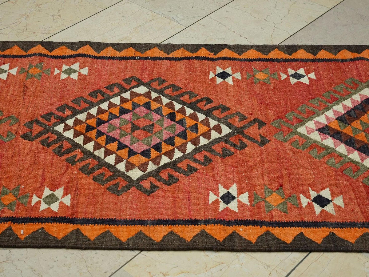 Kurdish Wedding Dowry Rug Runner,3x10.4 Ft,Handmade Flat Woven Rugs.