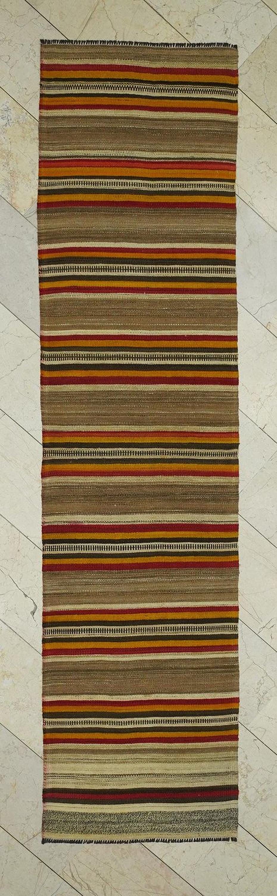 Striped Turkish Kilim Rug Runner: 3"x10" Vintage Wool Anatolian Rugs
