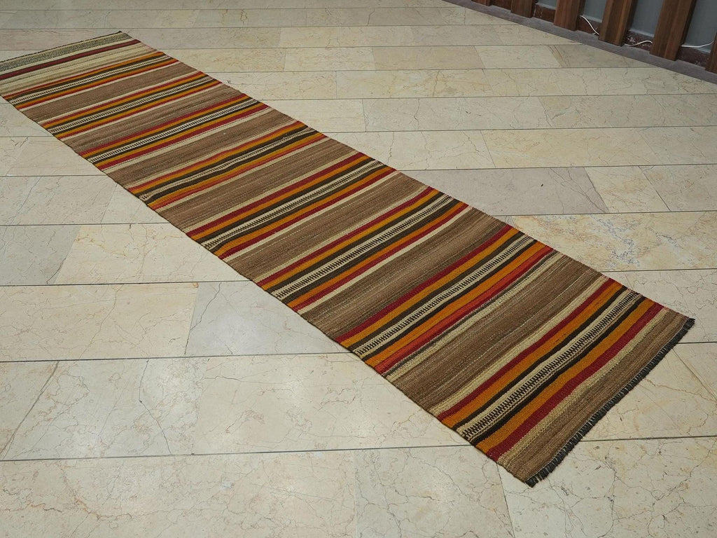 Striped Turkish Kilim Rug Runner: 3"x10" Vintage Wool Anatolian Rugs