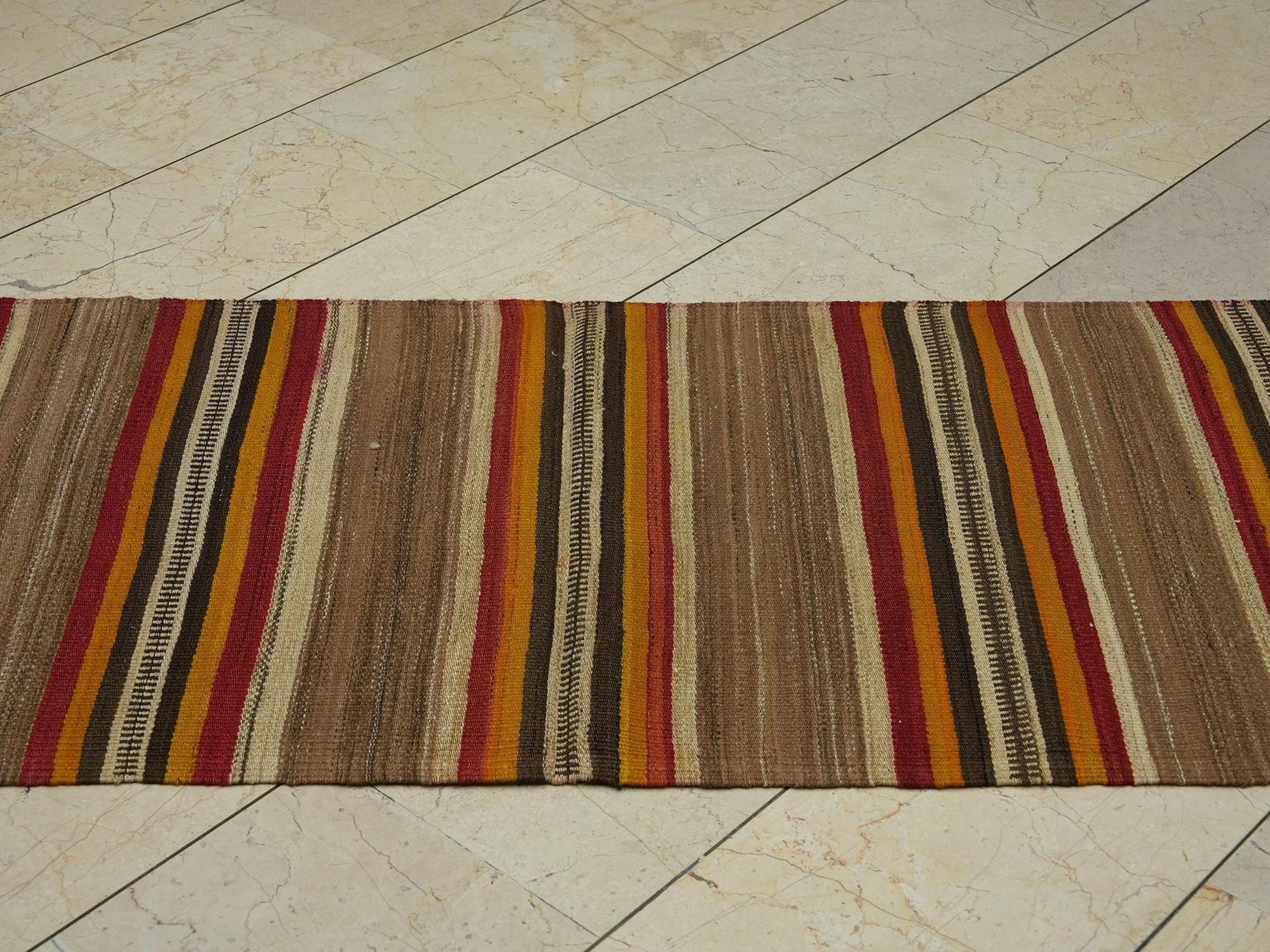Striped Turkish Kilim Rug Runner: 3"x10" Vintage Wool Anatolian Rugs