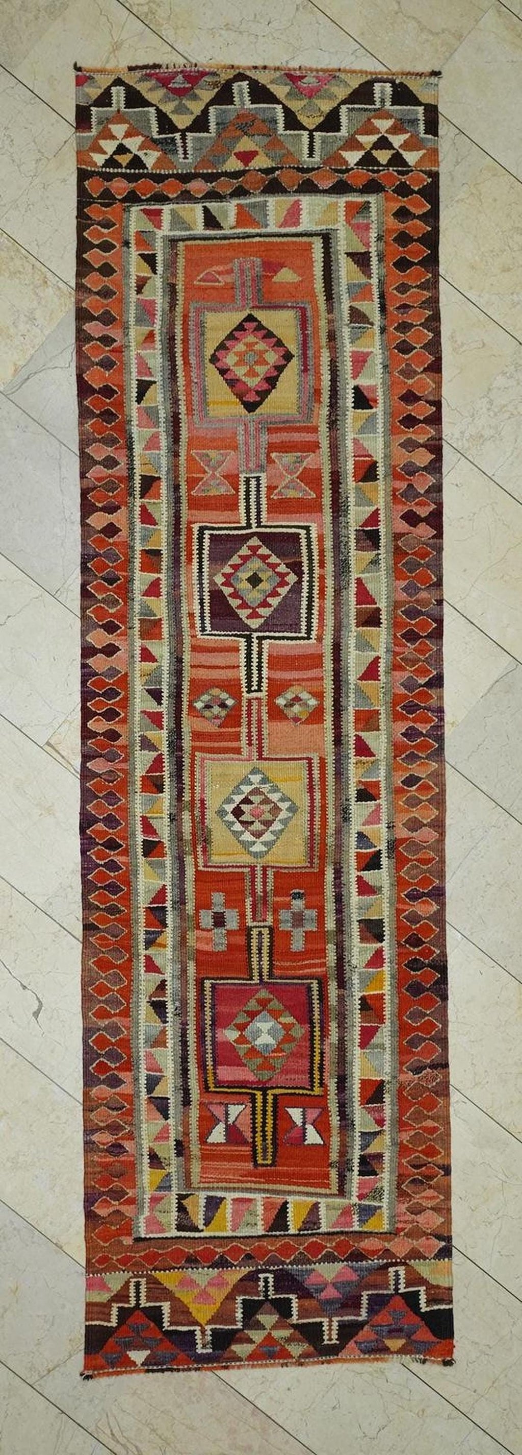 Colorful Flat Woven Kilim Rug Runner,2.9x10.4 Ft,Kitchen Decor Rugs