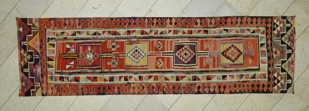 Colorful Flat Woven Kilim Rug Runner,2.9x10.4 Ft,Kitchen Decor Rugs