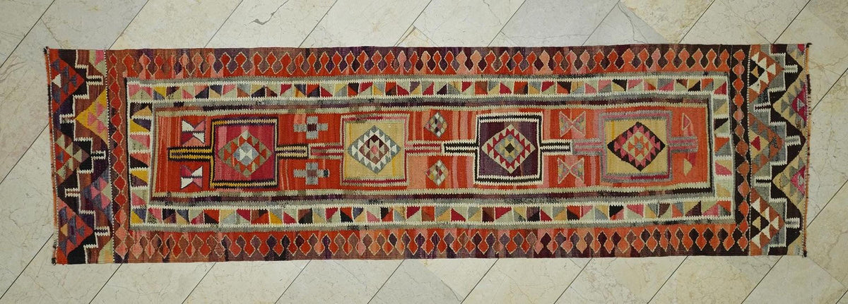 Colorful Flat Woven Kilim Rug Runner,2.9x10.4 Ft,Kitchen Decor Rugs