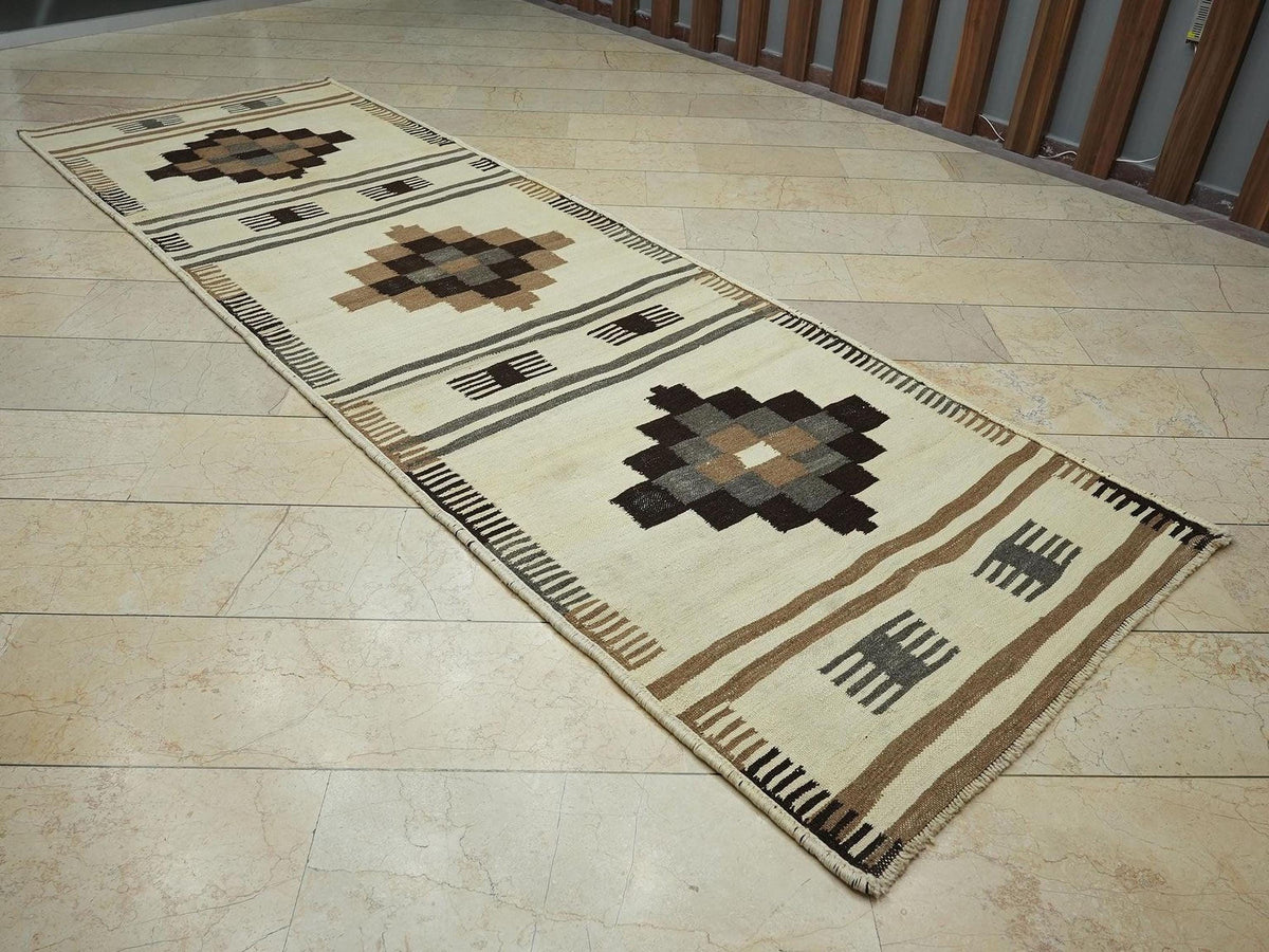 4x12 Minimalist Neutral Color Wool Turkish Kilim Rug Runner,Home Living Decor Rugs.