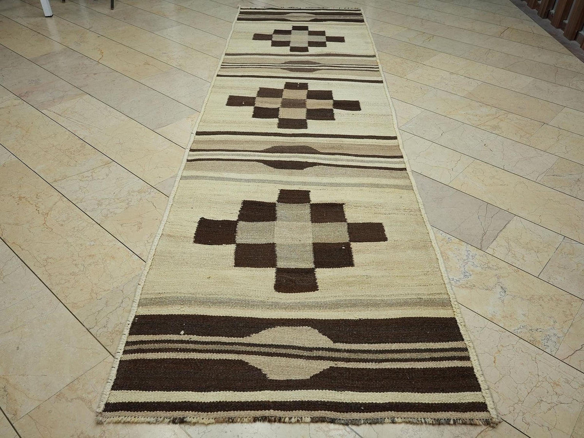 Neutral Vintage Flat Woven Kilim Rug Runner,3.5x12.5 Ft,Minimalist Winter Decor Wool Rugs