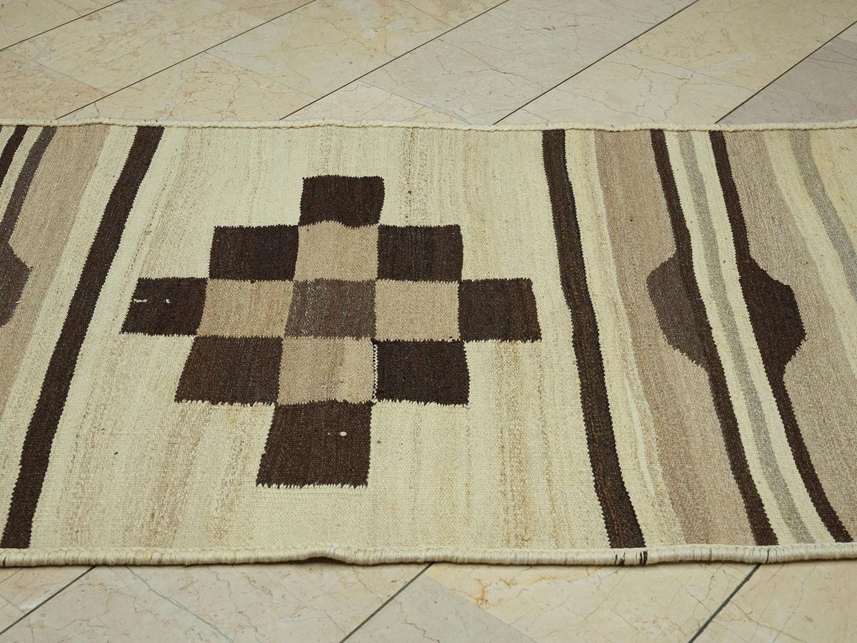Neutral Vintage Flat Woven Kilim Rug Runner,3.5x12.5 Ft,Minimalist Winter Decor Wool Rugs