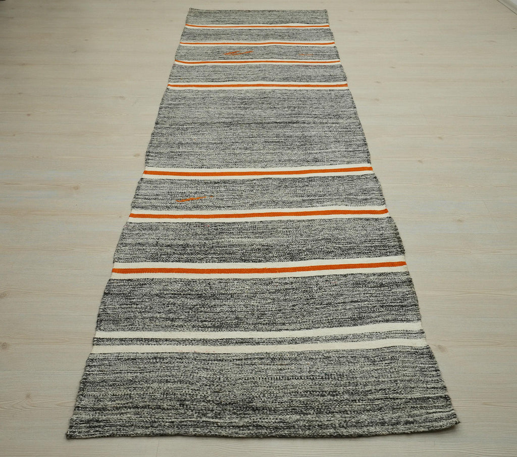 3x11 Orange White Stripe, Gray Turkish Rug Runner,Minimalist Decor Rugs