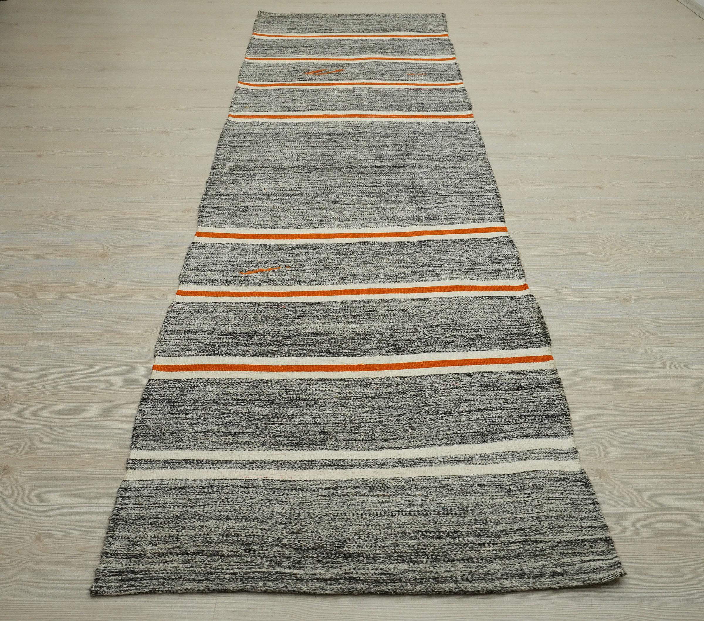 3x11 Orange White Stripe, Gray Turkish Rug Runner,Minimalist Decor Rugs