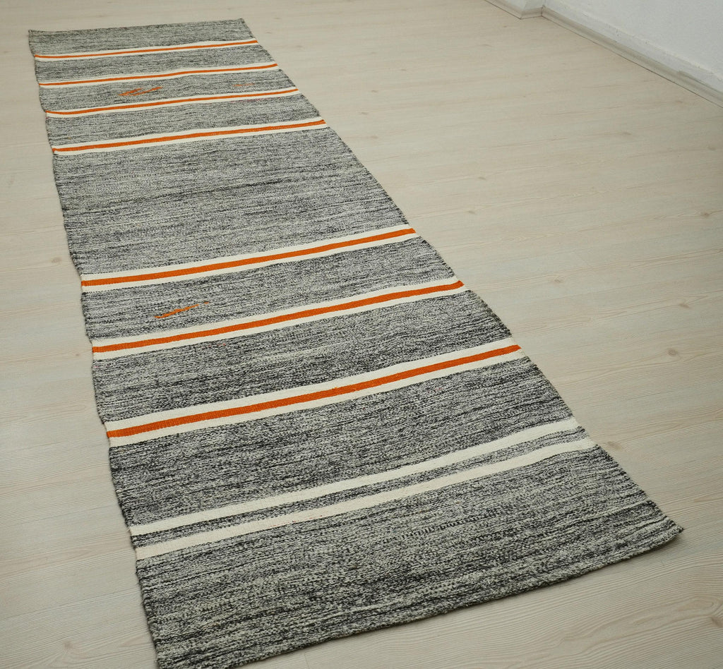 3x11 Orange White Stripe, Gray Turkish Rug Runner,Minimalist Decor Rugs