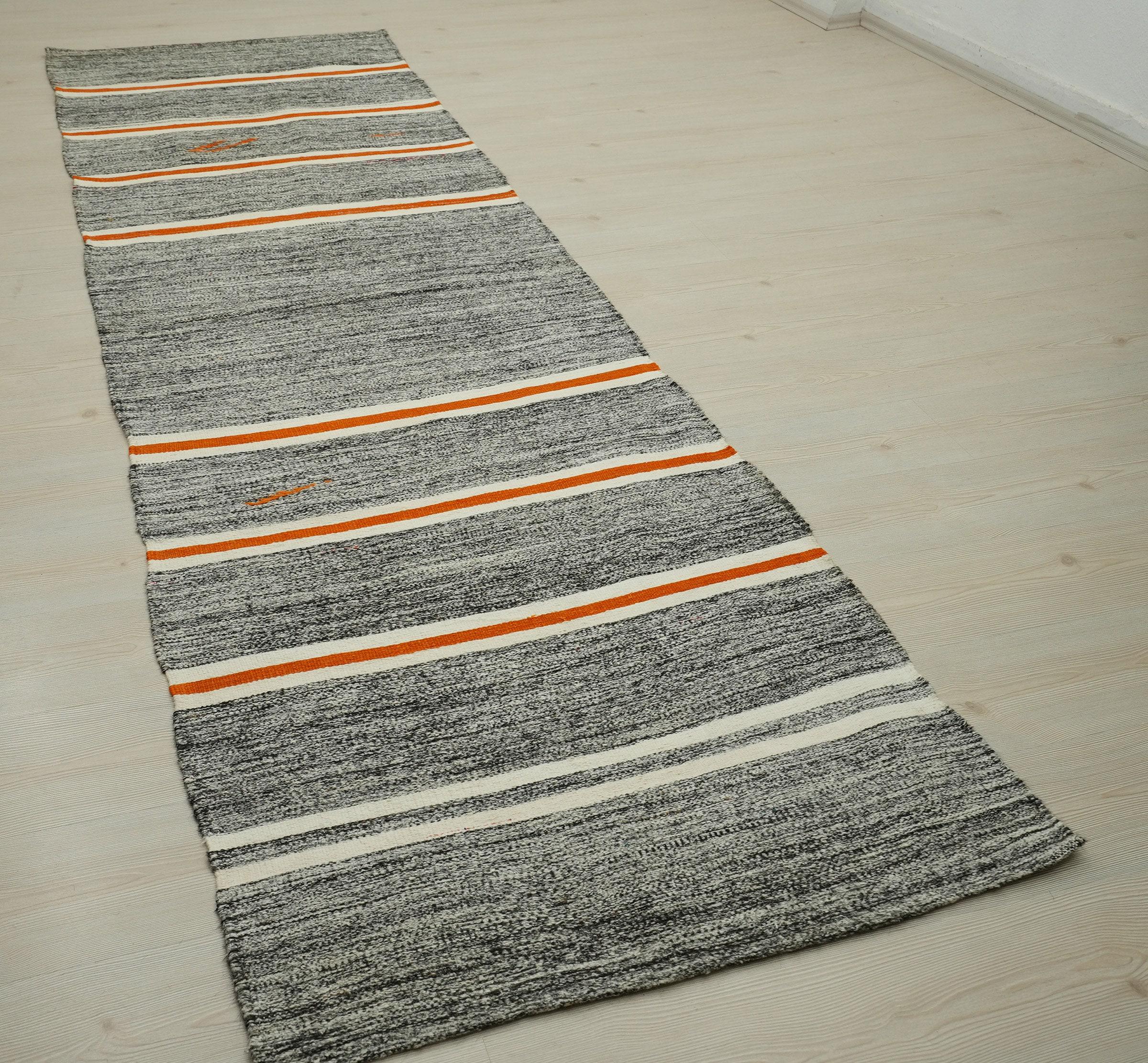 3x11 Orange White Stripe, Gray Turkish Rug Runner,Minimalist Decor Rugs