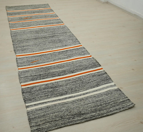 3x11 Orange White Stripe, Gray Turkish Rug Runner,Minimalist Decor Rugs
