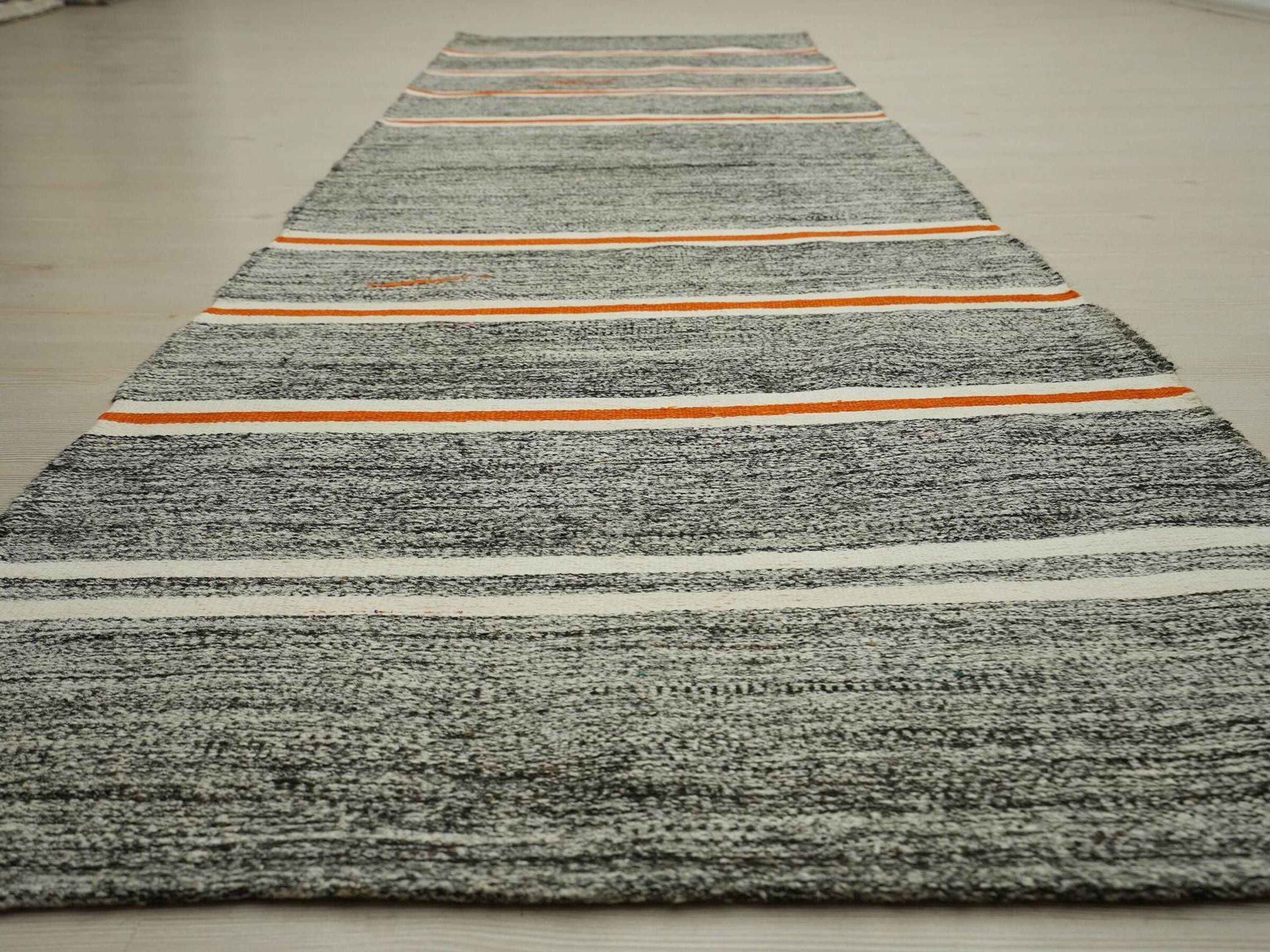 3x11 Orange White Stripe, Gray Turkish Rug Runner,Minimalist Decor Rugs
