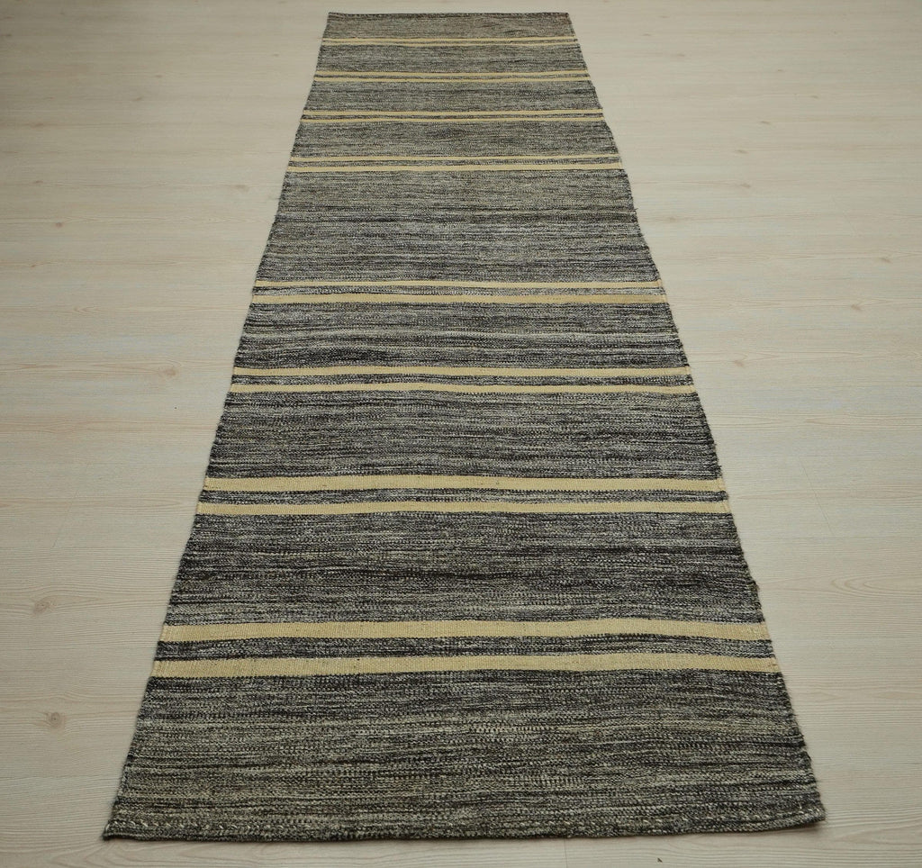 Turkish Kilim Rug Runner: Ethnic Striped Gray Rugs 2,8"x10,5" Feet.