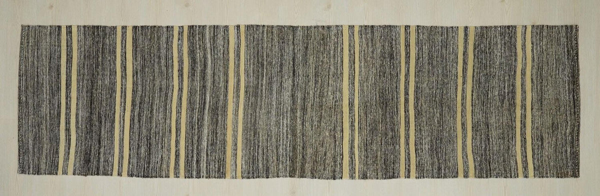Turkish Kilim Rug Runner: Ethnic Striped Gray Rugs 2,8"x10,5" Feet.
