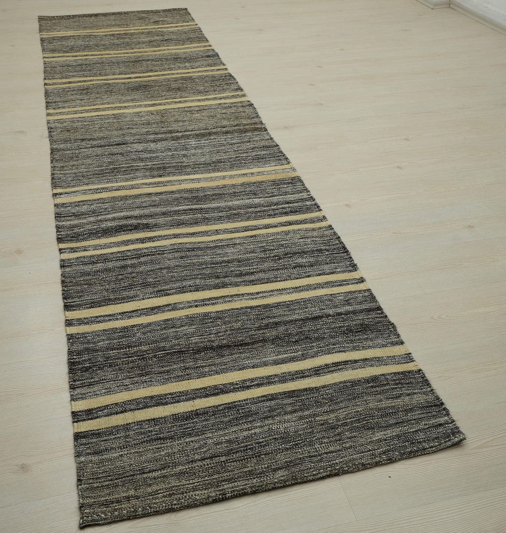 Turkish Kilim Rug Runner: Ethnic Striped Gray Rugs 2,8"x10,5" Feet.