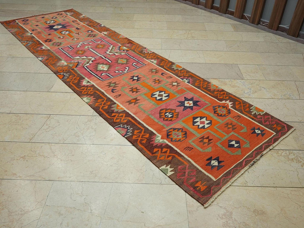 Orange Handmade Wool Turkish Kilim Rug Runner,3.4x11.5 Ft,Home Living Rugs