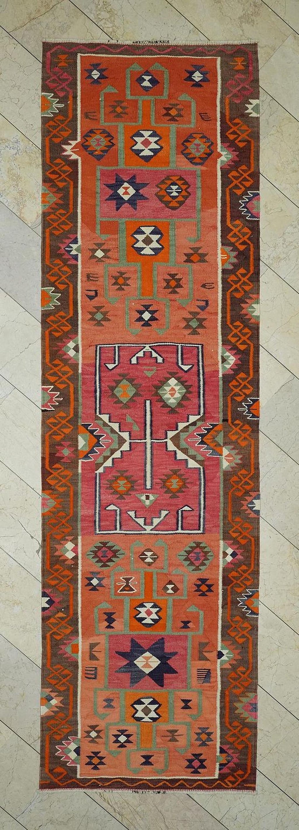 Orange Handmade Wool Turkish Kilim Rug Runner,3.4x11.5 Ft,Home Living Rugs