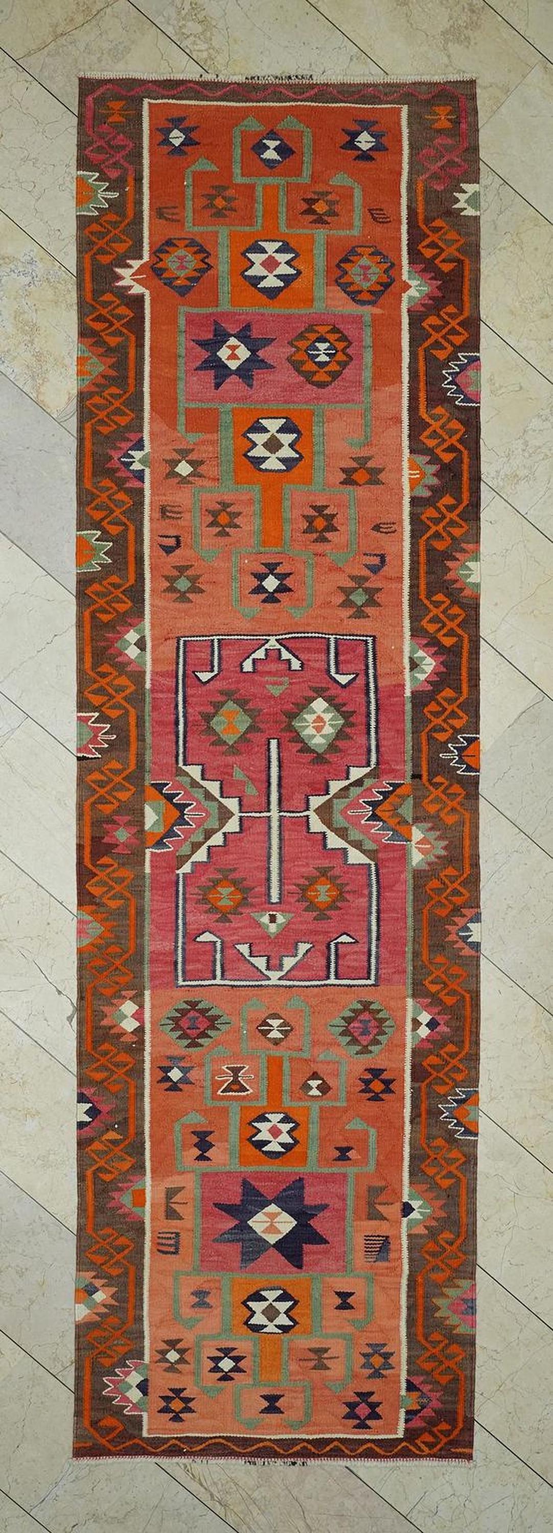 Orange Handmade Wool Turkish Kilim Rug Runner,3.4x11.5 Ft,Home Living Rugs