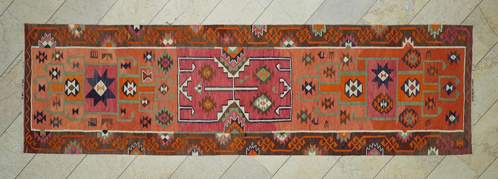 Orange Handmade Wool Turkish Kilim Rug Runner,3.4x11.5 Ft,Home Living Rugs