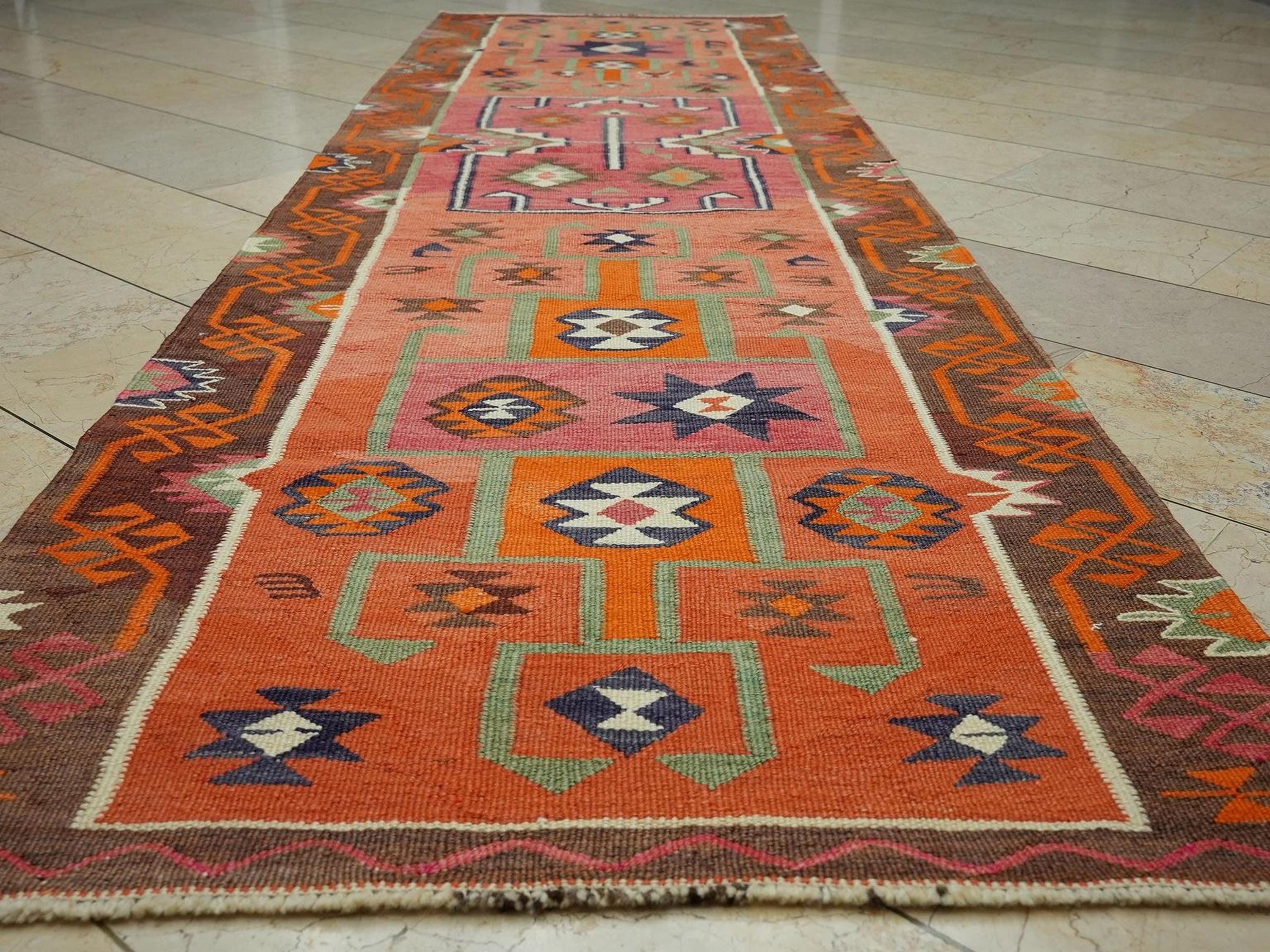 Orange Handmade Wool Turkish Kilim Rug Runner,3.4x11.5 Ft,Home Living Rugs