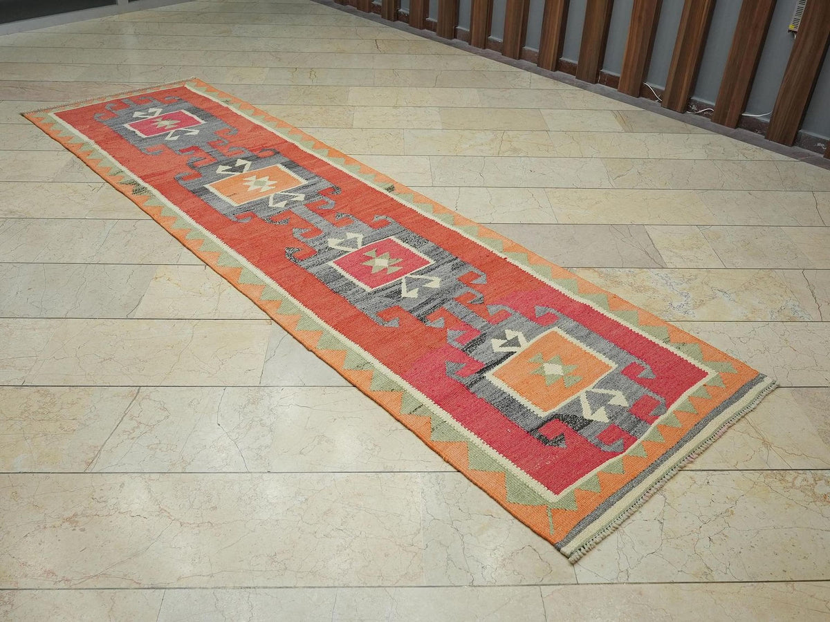 3x11 Wool Turkish Kilim Rug Runner,Minimalist Kitchen Decor Rugs.